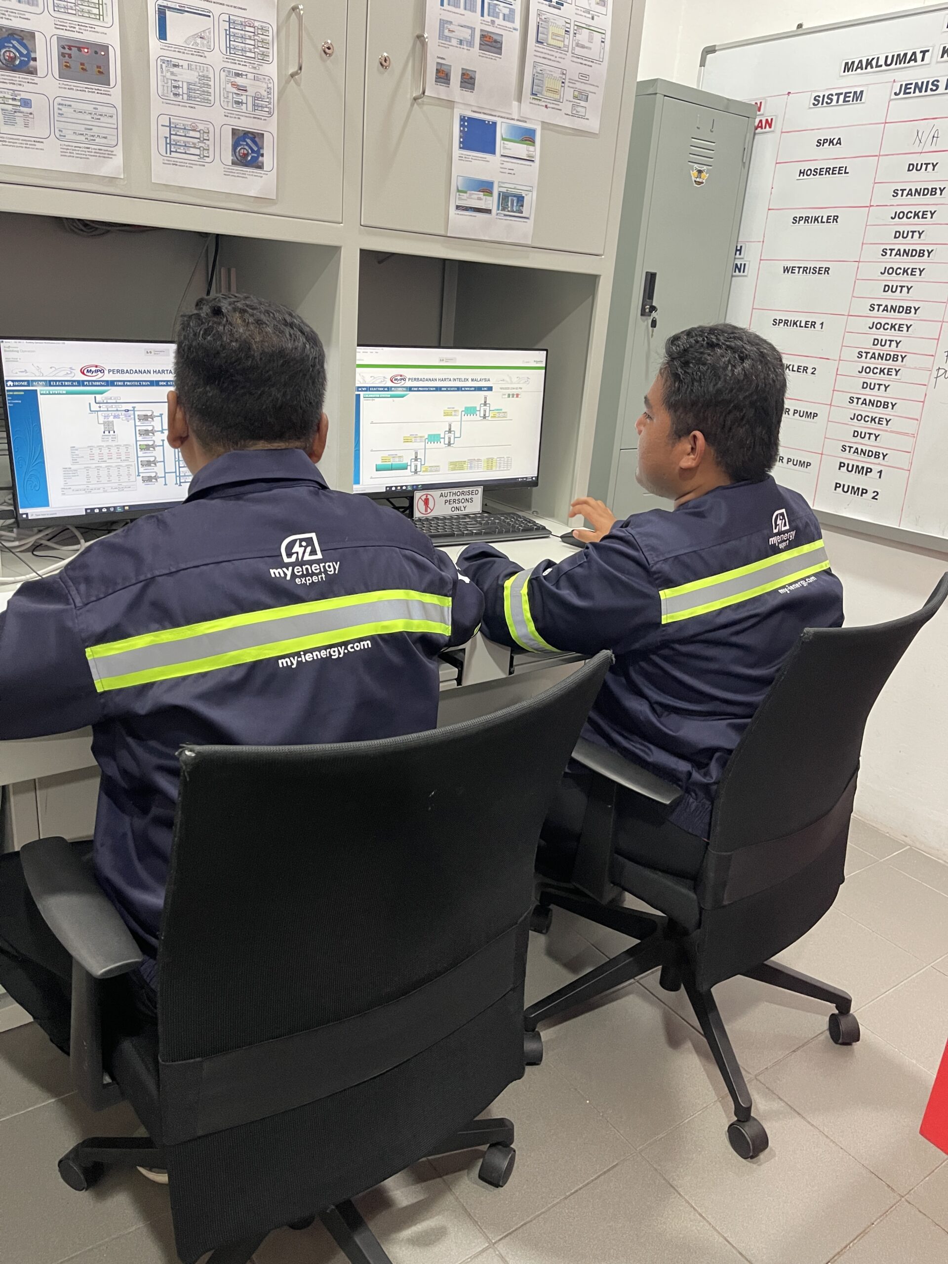Technical team reviewing facility systems at a control-room workstation · original MyEnergy website photograph